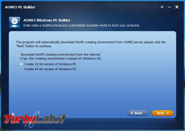 Aoemei PE builder crea disco d’avvio Windows 10 PE
