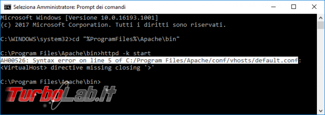 Apache (web server): risolvere errori The requested operation has failed!, AH00526: Syntax error on line, AH00072: make_sock: could not bind to address 0.0.0.0:80, AH00558: Could not reliably determine the server's fully qualified domain name