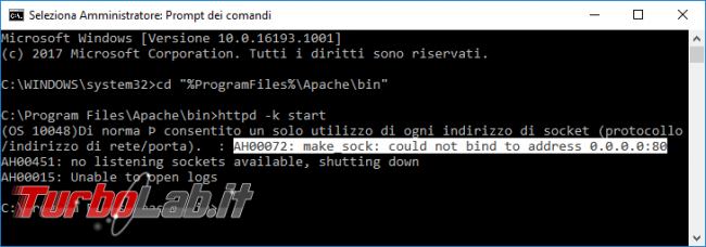 Apache (web server): risolvere errori The requested operation has failed!, AH00526: Syntax error on line, AH00072: make_sock: could not bind to address 0.0.0.0:80, AH00558: Could not reliably determine the server's fully qualified domain name