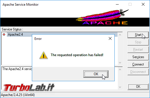 Apache (web server): risolvere errori The requested operation has failed!, AH00526: Syntax error on line, AH00072: make_sock: could not bind to address 0.0.0.0:80, AH00558: Could not reliably determine the server's fully qualified domain name - apache monitor error