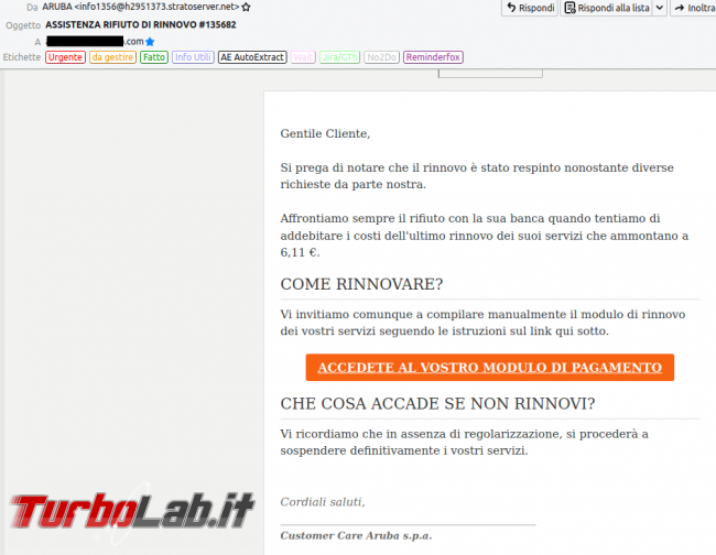 Assistenza rifiuto rinnovo: email phishing si finge ARUBA