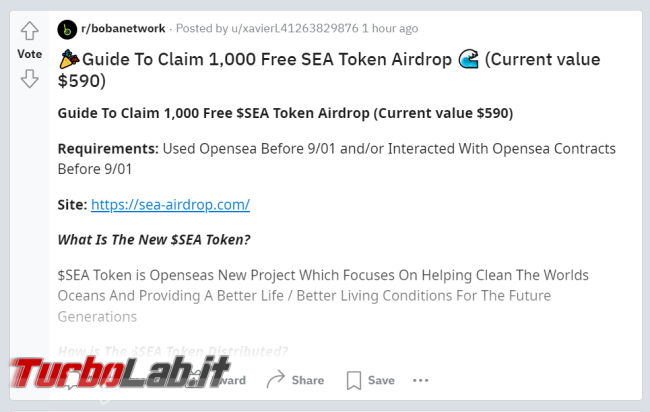 Attento cripto-truffa SEA Token Airdrop sea-airdrop.com (video)