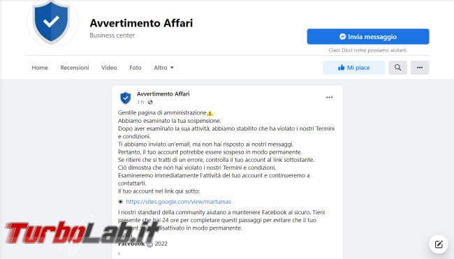 Avvertimento Affari: account Facebook potrebbe essere sospeso - FrShot_1661113191