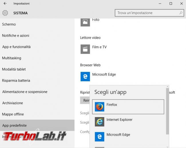 Cambiare app browser predefinito Windows 10