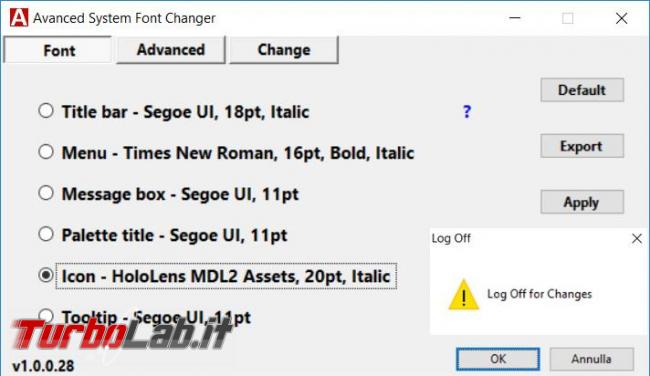 Cambiare carattere, dimensioni colori elementi utilizzati Windows 10