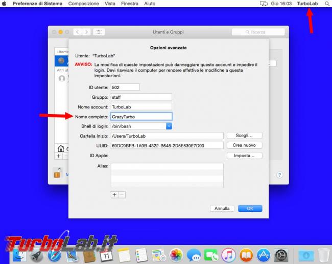Cambiare nome password dell’account Mac OS X