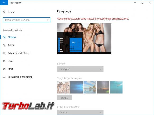 Cambiare sfondi desktop lock screen Windows 10 poi impedirne modifica