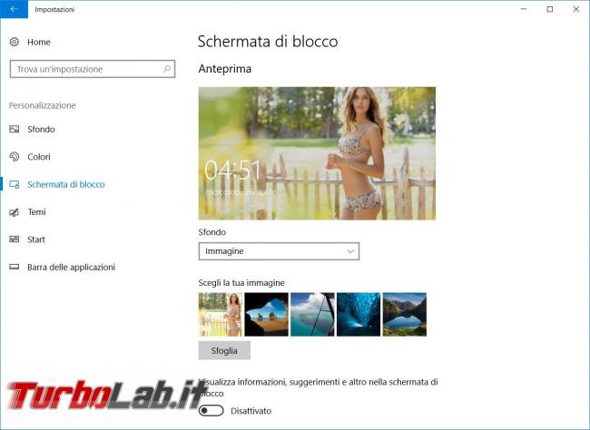 Cambiare sfondi desktop lock screen Windows 10 poi impedirne modifica