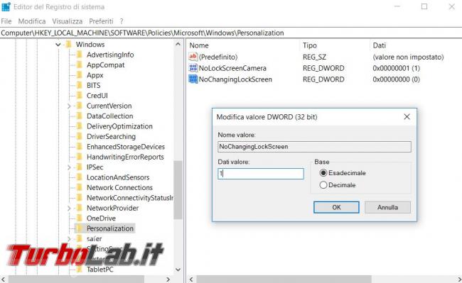 Cambiare sfondi desktop lock screen Windows 10 poi impedirne modifica