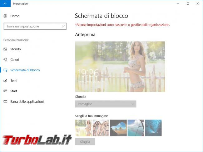 Cambiare sfondi desktop lock screen Windows 10 poi impedirne modifica