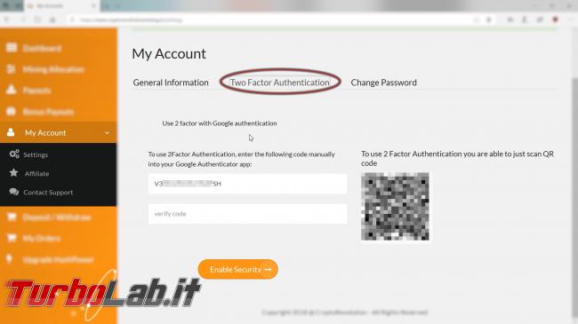 Cloud mining cos'è: video-guida completa iniziare subito (Bitcoin, Ethereum, Litecoin) - 16_setting_e_2fa pic2