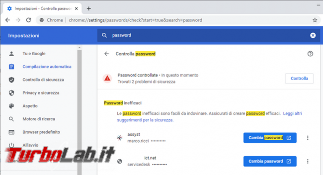 Come abilitare controllo password deboli Chrome