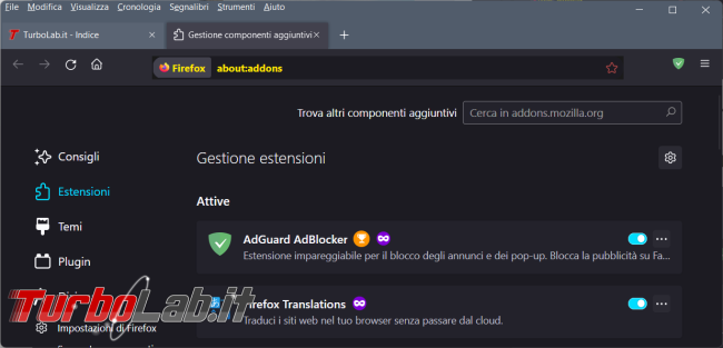 Come abilitare/disattivare pulsante estensioni barra strumenti Firefox 111