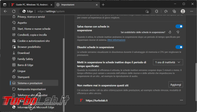 Come abilitare risparmio memoria schede attive non utilizzate Microsoft Edge