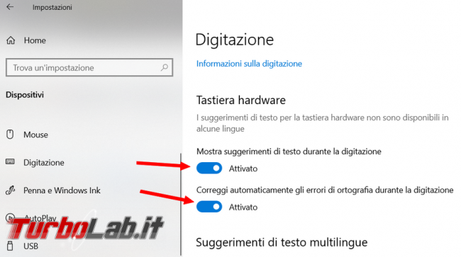 Come abilitare suggerimento testi durante digitazione Windows 10