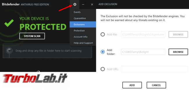Come aggiungere file cartella lista esclusioni dell’antivirus