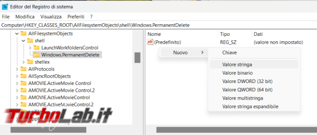 Come aggiungere voce Cancellazione definitiva file menu contestuale Windows 11