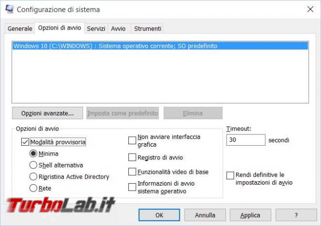 Come avviare computer modalità provvisoria Windows 10