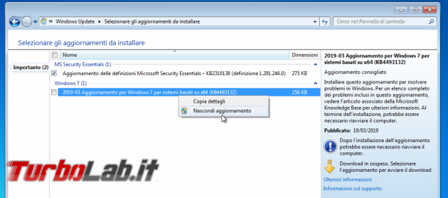 Come bloccare avviso &quot; supporto Windows 7 sta finire&quot; (guida) - windows update windows 7 KB4493132 schermata fine supporto