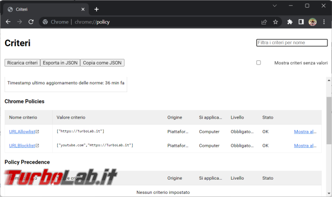 Come bloccare/permettere navigazione siti Chrome