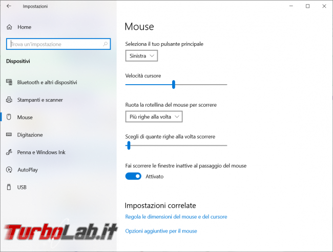 Come cambiare cursore mouse Windows 10