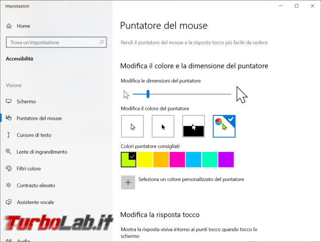 Come cambiare cursore mouse Windows 10
