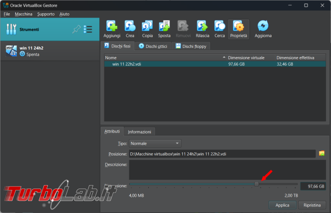 Come cambiare dimensioni disco fisso virtuale VirtualBox