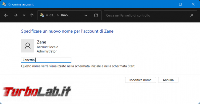 Come cambiare modo corretto nome cartella profilo utente Windows