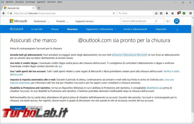 Come cancellare account Microsoft (@outlook) non utilizziamo più
