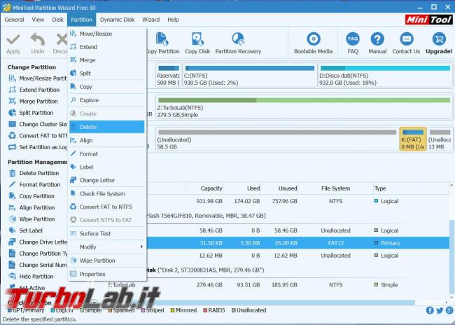 Come cancellare partizione aggiuntiva pendrive