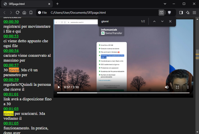 Come cercare parole file audio video Clipchamp SRTpage