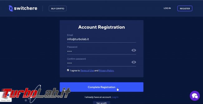 Come comprare Bitcoin, Ethereum altre criptovalute carta credito 2020: video-guida Switchere (alternativa facile Coinbase) - 10_switchere_registration_form