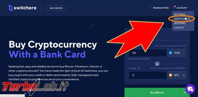 Come comprare Bitcoin, Ethereum altre criptovalute carta credito 2020: video-guida Switchere (alternativa facile Coinbase) - 200_switchere_account_verification_01_elaborata