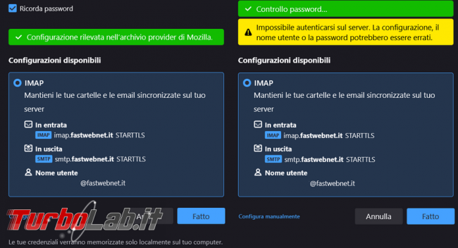 Come configurare account posta fastweb thunderbird superare l’errore utente password errati