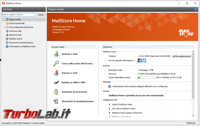 Come creare backup posta elettronica MailStore Home trasferire posta Outlook Thunderbird viceversa
