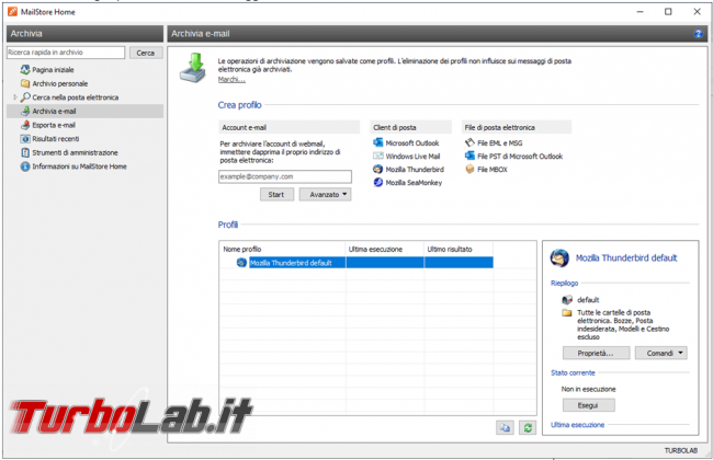 Come creare backup posta elettronica MailStore Home trasferire posta Outlook Thunderbird viceversa