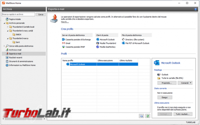 Come creare backup posta elettronica MailStore Home trasferire posta Outlook Thunderbird viceversa