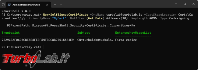 Come creare certificato firmare digitalmente script PowerShell