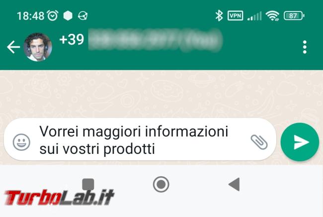Come creare collegamento avviare conversazioni WhatsApp social sito Internet (link HTML PC smartphone, metodo 2023) - Screenshot_2022-12-10-18-48-35-978_com.whatsapp