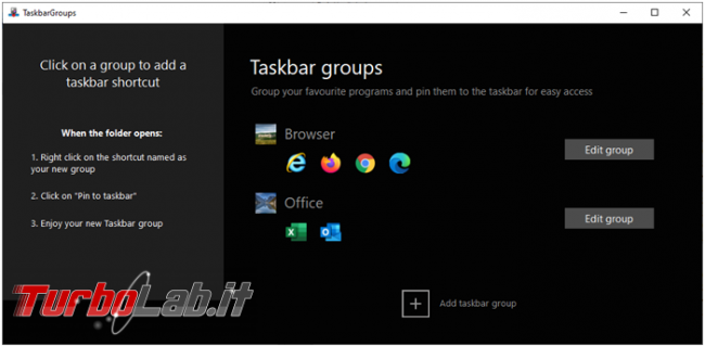 Come creare raccolte collegamenti barra applicazioni Taskbar Groups