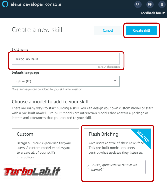Come creare skill Sommario Quotidiano Alexa