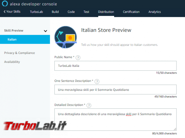 Come creare skill Sommario Quotidiano Alexa