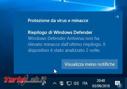 Come disattivare / bloccare notifiche Riepilogo Windows Defender Antivirus non ha rilevato alcuna minaccia