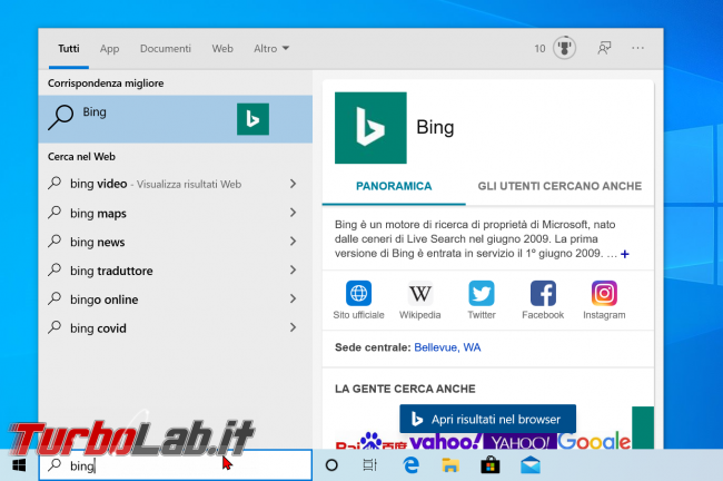 Come disattivare/bloccare risultati Web quando cerco menu Start Windows 10 21H2 (novembre 2021) - risultati web windows 10