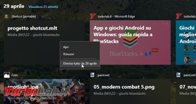 Come disattivare Cronologia attività eliminare file Sequenza temporale Windows 10