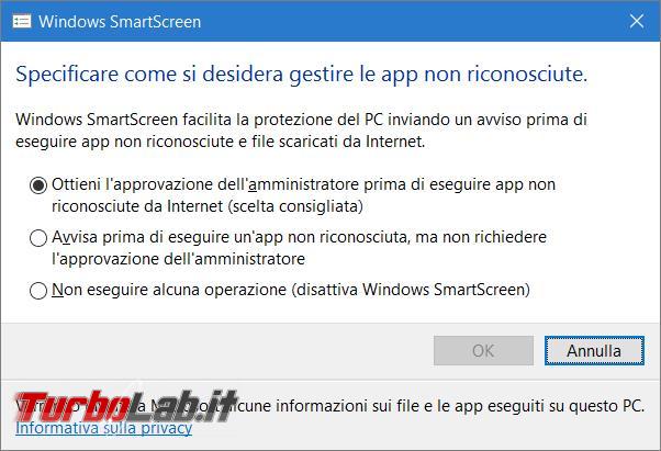 Come disattivare protezione SmartScreen Windows 10