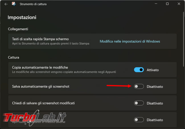 Come disattivare salvataggio automatico screenshot strumento cattura Windows