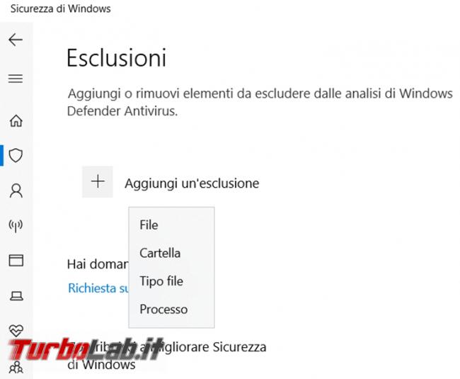 Come disattivare temporaneamente Windows Defender inserire file esclusioni