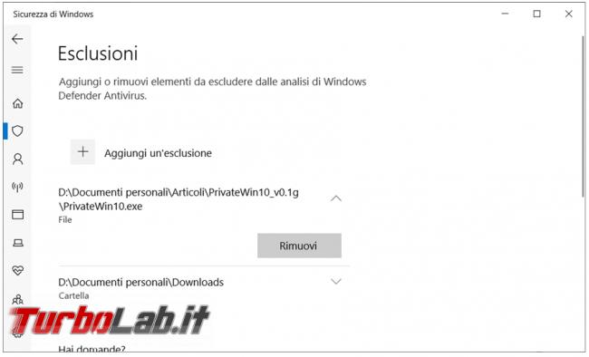 Come disattivare temporaneamente Windows Defender inserire file esclusioni