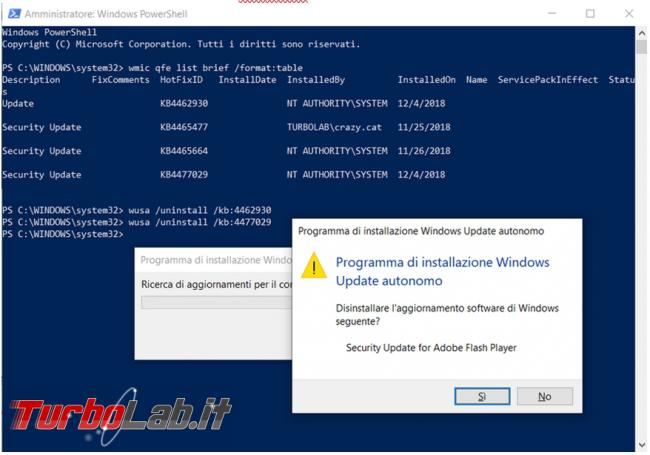 Come disinstallare aggiornamenti Windows prompt comandi Powershell
